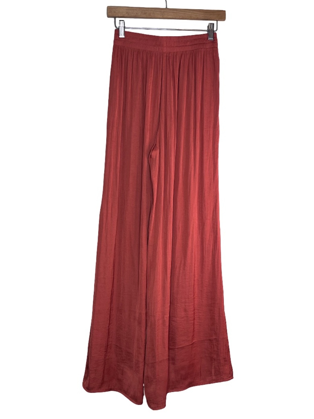 Zara Sz XS Rust Boho Pleated Satin Wide-Leg Pants - Picture 3 of 16
